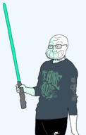 black_shorts blue_shirt calarts closed_mouth glasses happy holding_object lightsaber nike skull smile so_true soyjak star_wars stubble traced transparent_background variant:soyak // 2598x4096 // 734.9KB