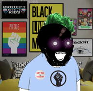 angry antenna badge black_lives_matter black_skin clothes couch fist flag gay glasses glowing_eyes green_eyes green_hair hair inverted irl_background open_mouth pillow poster raised_fist_(symbol) reddit rick_and_morty soyjak stubble subvariant:soyak_(crazed) text thougher tranny tshirt variant:soyak // 1024x999 // 191.3KB