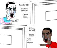 arm bbc bloodshot_eyes brown_skin bwc cat_ear clothes computer crying glasses hair hand nazism open_mouth pointing soyjak swastika text tranny tshirt variant:chudjak // 1271x1068 // 152.9KB