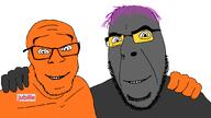 2soyjaks developer eyebrows glasses grey_skin hair hand hugging jubille_(user) lol_kek_kek_lmao_lmao_lmao_xd_haha lolkek no_more_brother_wars orange_skin purple_hair series:trios_&_duos smile soot_colors stubble teeth text tranny variant:cobson variant:feraljak white_background wrinkles // 1920x1080 // 111.3KB