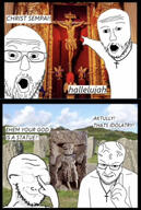 brain comic cross crucifix crucifixion glasses glowing_glasses god idol jesus pointing religion statue stubble variant:interjak variant:soyak variant:two_pointing_soyjaks // 983x1468 // 982.5KB