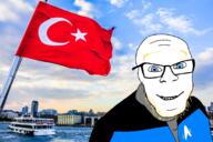 blue_eyes building clothes country flag flag:turkiye glasses hair irl_background smile soyjak star stubble turkiye variant:feraljak yellow_hair // 2468x1645 // 2.5MB