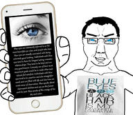 arm blue_eyes closed_mouth clothes glasses hair hand holding_object holding_phone merge smile smug soyjak subvariant:chudjak_front text tshirt variant:chudjak // 1729x1508 // 991.2KB