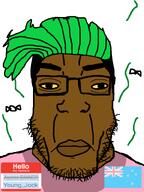 ascence_(user) brown_skin closed_mouth clothes flag flag:new_zealand flag:transgender_pride_flag flies fnf_pedo glasses green_hair hair hello_my_name_is_(sticker) lips meta:namefags nose pink_shirt series:esl_pedo_league shitskin stink_lines stubble subvariant:chudplier sweating text variant:markiplier_soyjak white_background yellow_sclera young_jock_(user) // 600x800 // 58.3KB