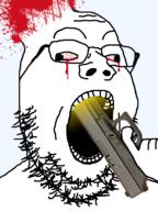 anhero blood bloodshot_eyes cross_eyed dead glasses gun gunshot hand holding_gun holding_object open_mouth soyjak stubble suicide variant:gapejak // 600x800 // 192.7KB