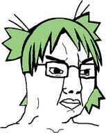 4chan anime female glasses green_hair hair soyjak variant:chudjak yotsoyba // 437x547 // 57.6KB