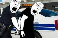 2_soyjaks 2soyjaks accessory angry arrest arrested bald beard car concerned cop eyebrows glasses gun hand holding_object looking_down multiple_soyjaks nose open_mouth police police_uniform soyjak stubble subvariant:nucob variant:cobson walkie_talkie wrinkles // 1624x1080 // 1.5MB