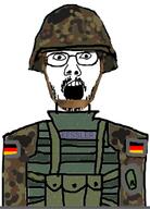 badge camouflage clothes flag flag:germany flecktarn_pattern germany glasses helmet military name_tag open_mouth soyjak stubble text uniform variant:unknown // 437x606 // 152.8KB