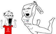 2soyjaks alcohol alcoholic angry arm balding clothes crying full_body glasses holding_bottle holding_object open_mouth red_eyes seething soyjak stretched_mouth stubble subvariant:pettygod subvariant:wewjak text transgender_flag transheart variant:cobson variant:soyak vodka // 1436x876 // 133.8KB