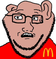 amerimutt brown_skin concerned ear glasses mcdonalds red_shirt soyjak stubble subvariant:soyak_(concerned) tan_skin variant:impish_soyak_ears variant:soyak white_sclera worried // 598x628 // 23.9KB
