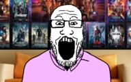 clothes couch glasses irl_background marvel open_mouth poster soyjak stubble variant:markiplier_soyjak // 506x317 // 215.3KB