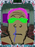 brown_skin closed_mouth cruelty_squad glasses mucus purple_hair stubble variant:markiplier_soyjak // 600x800 // 371.1KB