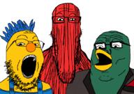 3soyjaks bird blue_hair clothes don't_hug_me_i'm_scared duck_(dhmis) glasses no_mouth open_mouth red_guy soyjak stretched_chin stubble subvariant:longplier trend:soyjak_trio variant:gapejak variant:markiplier_soyjak variant:tony_soprano_soyjak yellow_guy // 828x584 // 54.3KB