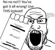 angry eyebrows glasses hand holding_object open_mouth paper soyjak stubble teeth text variant:markiplier_soyjak war_thunder // 938x858 // 233.7KB