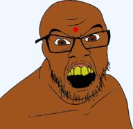 angry bindi brown_eyes brown_skin glasses indian mustache open_mouth soyjak stubble variant:feraljak yellow_teeth // 1285x1252 // 228.2KB