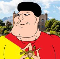 afro building closed_mouth cloud dark_hair flag flag:sicily hair irl_background mountain muscles muscular_male olive_skin palermo plant sicilian sicily smile soyjak subvariant:mexiaryan tree variant:meximutt wheat white_skin // 886x872 // 622.8KB