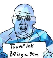 blue_skin donald_trump ear gem gem_skin glasses hand holding_object jail open_mouth soyjak stubble text variant:trumpjak // 474x521 // 138.1KB