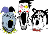 3soyjaks blue_skin bowtie clothes deltarune glasses hat jester jester_hat jevil long_nose spamton trend:soyjak_trio variant:gapejak variant:markiplier_soyjak variant:tony_soprano_soyjak video_game // 828x581 // 170.2KB