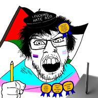 angry anti_ai artist award bisexual clothes flag:bisexual_pride_flag flag:palestine flag:transgender_pride_flag hair hat palestine pencil porn tranny troon variant:feraljak xitter_artist // 1200x1200 // 201.3KB