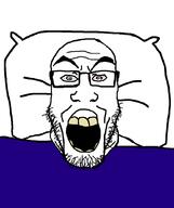 blanket bloodshot_eyes glasses open_mouth pillow redraw soyjak stubble thick_eyebrows variant:markiplier_soyjak yellow_teeth // 868x1032 // 75.8KB