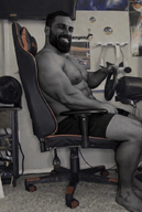 big_eyes bug chair ext=gif floor fly flying full_body furniture gaming_chair gigachad irl_background meta:ai_generated meta:not_oc nas:gigachad open_mouth plant poster room shocked shorts steering_wheel table television video wall wheel wing