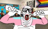 arm balding bib bottle classroom cum flag glasses hair hand holding_bottle holding_object lipstick open_mouth pink_hair soyjak stubble text tranny variant:unknown // 500x307 // 163.6KB
