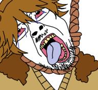 animal_ears bloodshot_eyes brown_hair clothes crying funamusea glasses hair hanging leona open_mouth rope stubble tranny variant:bernd white_background // 450x417 // 17.3KB