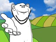 belly_button closed_mouth cloud ear full_body grass hand hill irl_background looking_at_you nipple sky smile stubble variant:impish_soyak_ears // 1600x1200 // 870.0KB