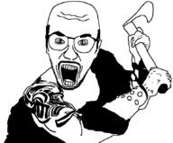 angry axe balding eyebags forehead_lines glasses holding_axe holding_object levy_rozman meta:tagme muscles mustache nose_hair open_mouth soyjak stubble tattoo variant:unknown // 869x720 // 47.7KB