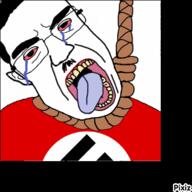 3d animated bloodshot_eyes clothes crying cube glasses hair hanging mustache nazism open_mouth pixiz rope soyjak subvariant:patrick suicide swastika tongue variant:chudjak yellow_teeth // 460x460 // 1.0MB