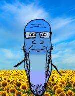 blue calm closed_mouth cold cool glasses irl_background smile soyjak stretched_chin stubble sunflower variant:markiplier_soyjak // 785x1000 // 1.2MB