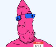 blue blue_eyes closed_mouth doll_(user) glasses pink pink_skin smile soyjak stubble text variant:parrotjak // 682x576 // 33.0KB