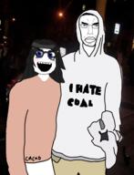 2soyjaks angry bladee blue_eyes closed_mouth clothes coal drain_gang glasses hair hoodie i_hate i_hate_women irl_background night nighttime open_mouth shadow skirt soy soylent subvariant:chudjak_front text variant:chudjak variant:soytan // 1088x1417 // 693.4KB