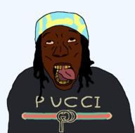 alternate black_skin bloodshot_eyes clothes gucci hair kaicenat open_mouth soyjak text tongue variant:rizzjak yellow_teeth // 749x736 // 15.6KB