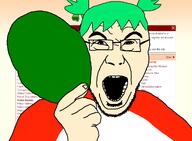 4chan 4cuck anime anon anonymous beard clothes glasses green_hair hair hand holding_object mask masked open_mouth tshirt unmasked variant:maskjak variant:unknown white_skin yotsoyba // 1261x924 // 149.2KB