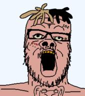 brown_skin glasses hair music mustache open_mouth rap soyjak stubble tattoo text variant:a24_slowburn_soyjak wig xxxtentaction yellow_teeth // 454x513 // 11.1KB