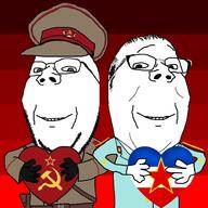 background beard clothes communism glasses hammer_and_sickle hat heart holding_object joseph_stalin josip_broz_tito reded socialism soviet_union soyjak stalinism star_(symbol) subvariant:wholesome_soyjak two_soyjaks uniform variant:gapejak wholesome // 500x500 // 297.5KB