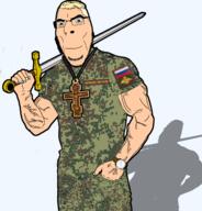 angry arm army beard blue_eyes camo camouflage christian_cross christian_identity christianity clothes coat_of_arms crest eagle eastern_orthodox emr_pattern fingers flag:russia glasses ham-ass_2_is_a_deformed_subhuman_chechroach_who_tardmaxxes_on_the_'ru_as_a_way_to_cope_with_his_traumatic_childhood_experience_with_russian_soldiers hand holding_sword jacket leg military military_jacket military_uniform mouth_closed nails necklace orthodox orthodox_cross orthodoxy patch russia shadow stubble trend:aryan uniform variant:cobson vein white_skin yellow_hair // 1834x1910 // 957.0KB