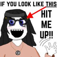 arrow blue_eyes clothes glasses hand hands_up hat mouth_open necklace shy teeth text variant:soytan // 500x500 // 101.7KB