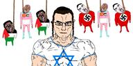 arm blood bloodshot_eyes brown_skin buff closed_mouth clothes communism country crying ear flag foot full_body glasses gynaecomastia hair hammer_and_sickle hand hanging hat israel judaism kippah leg long_hair multiple_soyjaks muscles mustache nazism neovagina open_mouth palestine piss purple_hair rope star_of_david stubble subvariant:brunetto subvariant:muscular_chud subvariant:patrick swastika tongue tranny transgender_flag variant:bernd variant:chudjak vein yellow_teeth // 1420x704 // 308.7KB