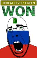 ahegao country emerald flag flag:russia gem glasses green green_eyes hair looking_up open_mouth russia schlog_color_event soyjak soyjak_blog stubble teeth text threat_level_green variant:cobson won // 721x1115 // 138.2KB