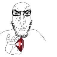 angry arm black_eye closed_mouth crystal gem glasses hand holding_gem holding_object punisher_face red redraw smile smug soyjak subvariant:science_lover text variant:markiplier_soyjak white_eyes white_skin // 1378x1378 // 96.6KB