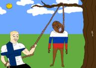 3soyjaks arm bloodshot_eyes brown_skin buff closed_mouth clothes crying drawn_background ear finland flag:finland flag:russia full_body glasses grass hand hanging holding_object holding_rope leg lynching nigger noose open_mouth outdoors rope russia smile smug soyjak stubble sun template tongue tree variant:bernd variant:chudjak variant:gapejak yellow yellow_skin yellow_teeth // 2048x1462 // 416.4KB