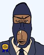 award balaclava bloodshot_eyes blue blue_jacket blue_tie booger brown_skin builders_league_united cigarette clothes crying mask moustache necktie obsessed smoke spy spy_(tf2) subvariant:euromutt suit suit_and_tie team_fortress_2 text variant:markiplier_soyjak white_shirt // 1039x1300 // 40.7KB