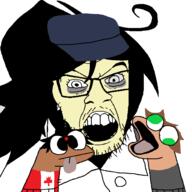 clothes eyebags flag:canada glasses green_eyes hat joel_(user) king_caesar looking_at_you open_mouth protokleki sockpuppet soyjak stubble variant:feraljak // 1500x1500 // 54.1KB