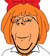 bowtie clothes glasses hair hair_ribbon mymy ongezellig orange_hair orange_skin smile soyjak stubble subvariant:wholesome_soyjak variant:gapejak // 799x888 // 28.5KB