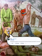 axe beard blood bloodshot_eyes christian_cross christian_identity christianity clothes cross crucifix decapitation execution flag:frankish_empire france frank frankish franks glasses gore hair holding_axe holding_object imminent_death massacre massacre_of_verde meat necklace nordic painting reddit saxon_wars soyjak speech_bubble subvariant:bernhardt tongue trend:aryan trollface variant:bernd weapon yellow_hair yellow_teeth // 2400x3210 // 1.2MB