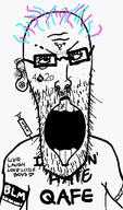 420 angry armband black_lives_matter clothes colorful_hair cross_eyed glasses hair hrt i_hate open_mouth queen_of_spades soyjak spade stubble syringe text tranny tshirt variant:unknown // 720x1220 // 88.7KB
