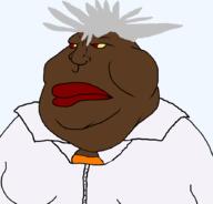 angel_(evangelion) anime brown_skin closed_mouth collared_shirt double_chin fat grey_hair gynaecomastia hair looking_to_the_left mutt nagisa_kaworu neon_genesis_evangelion nigger obese orange_shirt red_eyes red_lips transparent_background variant:meximutt white_shirt yellow_sclera // 888x849 // 23.9KB