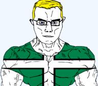 arm aryan blue_eyes british buff closed_mouth clothes devon ear england flag flag:devon glasses hair soyjak subvariant:chudjak_front subvariant:muscular_chud tshirt united_kingdom variant:chudjak vein yellow_hair // 1059x929 // 36.6KB